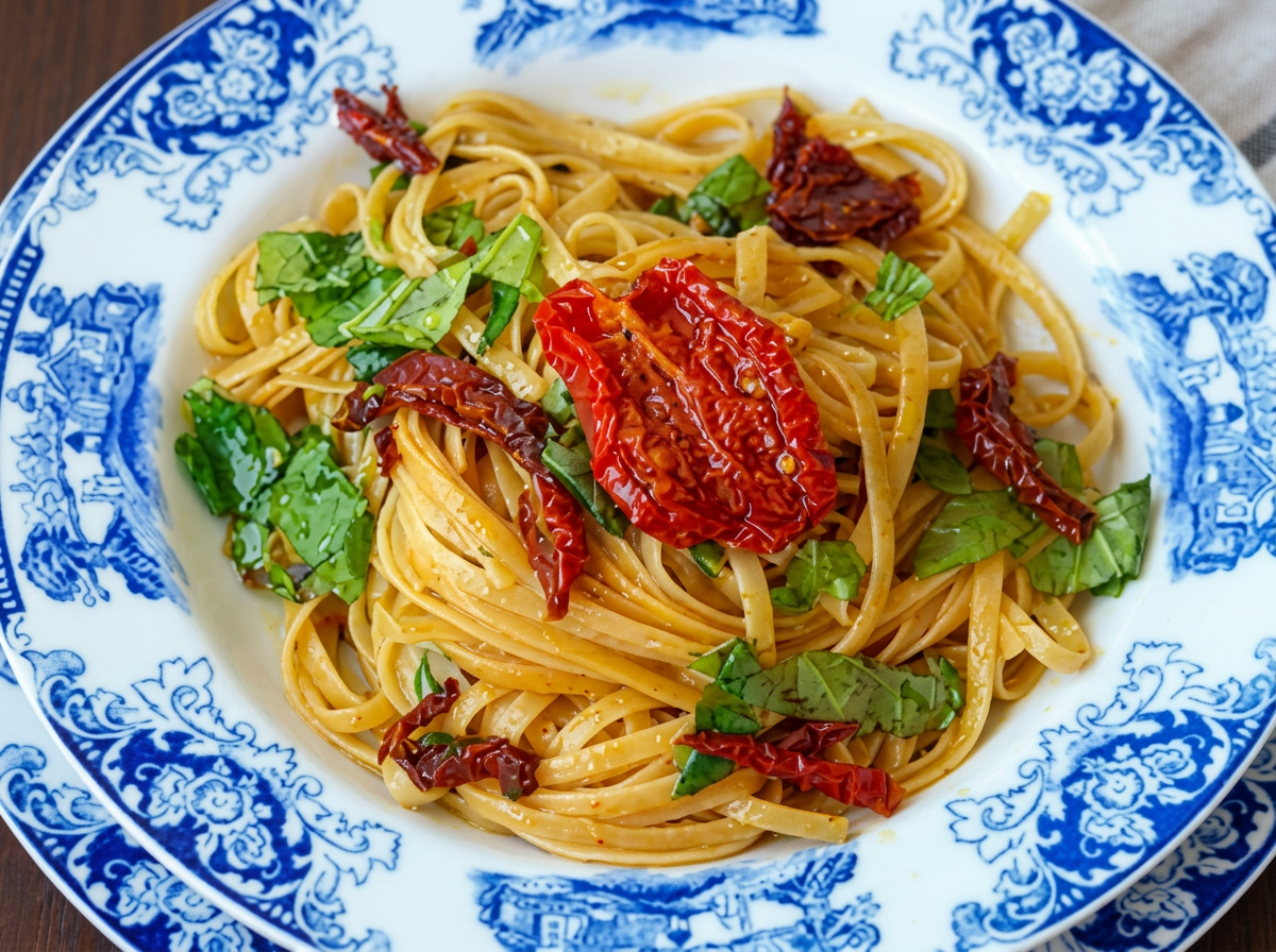 Macarrão com tomate seco e manjericão