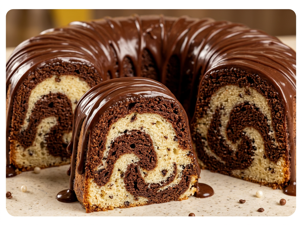 Bolo mesclado com cobertura de chocolate