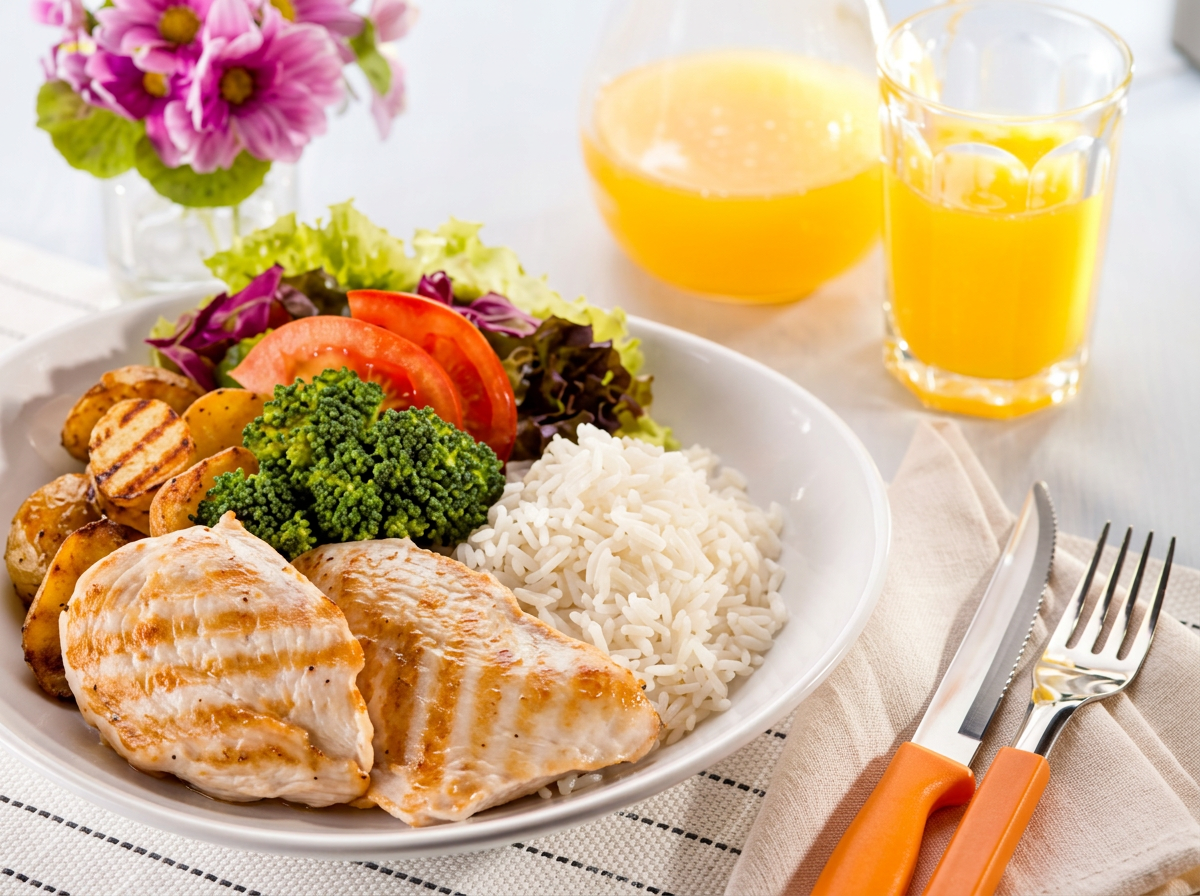 Prato saudável com frango grelhado, arroz e legumes